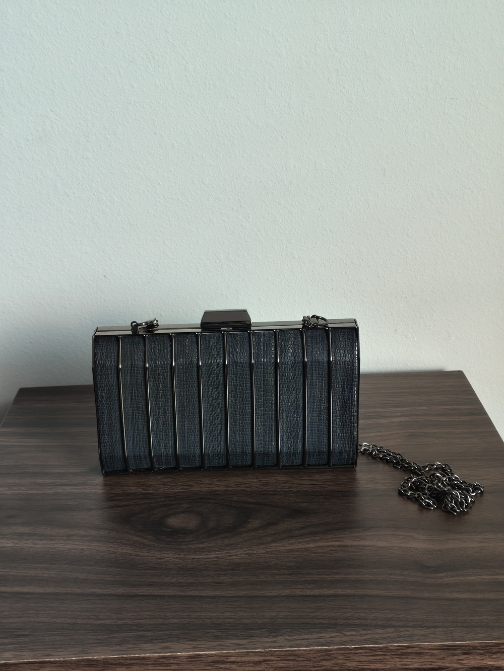 Madison West Black Textured Panel Evening Clutch with Chain